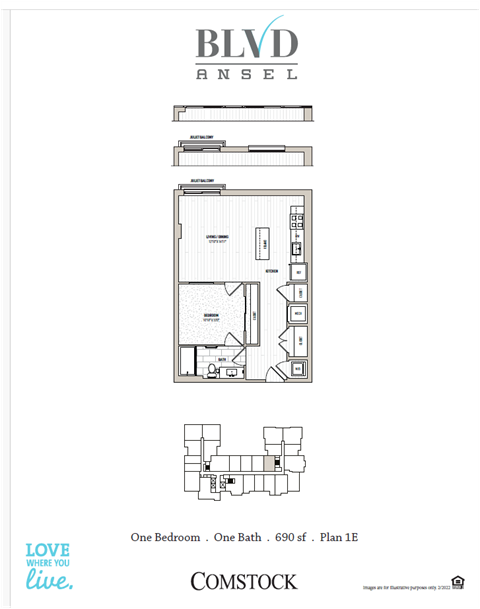Floor plan for 1 bed, 1 bath, 701 sqft